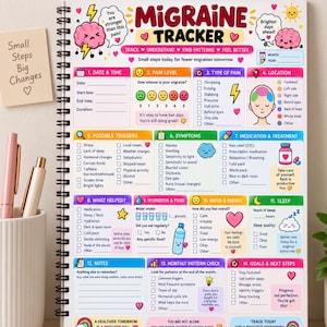 May include: A spiral-bound Migraine Tracker journal featuring colourful sections for date, pain level, triggers, symptoms, medication, hydration, mood, sleep, and monthly patterns. The page includes illustrations of brains, hearts, and clouds with text.