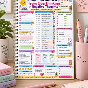 Könnte beinhalten: Ein spiralgebundener Tagesplaner mit dem Titel How to Get Overcome from Overthinking Negative Thoughts. Die Seite enthält Abschnitte für tägliche Vorsätze, einen Zeitplan, Erdungstechniken, Stimmungs- und Wassertracker sowie positive Affirmationen mit bunten Symbolen.