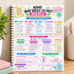 May include: A spiral-bound ADHD task management planner featuring a colorful menu layout with sections for energy levels, task prioritization, and step-by-step planning. The page includes text prompts like 'What Should I Do First?' and 'Progress Over Perfection' with checkboxes and icons.