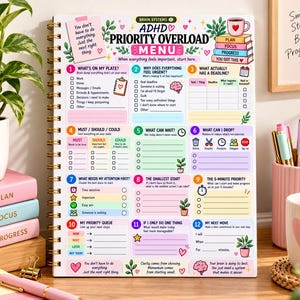 May include: A spiral-bound ADHD priority overload menu planner featuring twelve numbered sections with colorful headers, checkboxes, and prompts for task management, including text like What's on my plate, Must Should Could, and My Next Move.