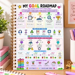 May include: A spiral-bound goal roadmap planner with a white cover featuring colorful illustrations and text including 'MY GOAL ROADMAP', 'Big dreams start with small steps!', 'TOOLS IN MY TOOLBOX', 'OBSTACLES MIGHT HAPPEN', and 'CHECK MY PROGRESS'.