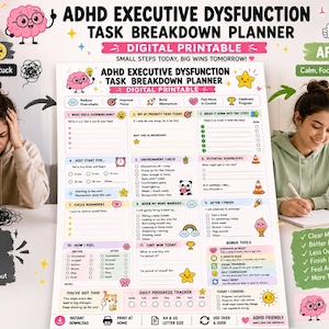 Pu&ograve; includere: Un pianificatore di attivit&agrave; digitale stampabile per la disfunzione esecutiva ADHD, con un layout colorato e sezioni per priorit&agrave;, controllo dell'ambiente, ostacoli e monitoraggio dei progressi, decorato con piccole icone a cartone animato.