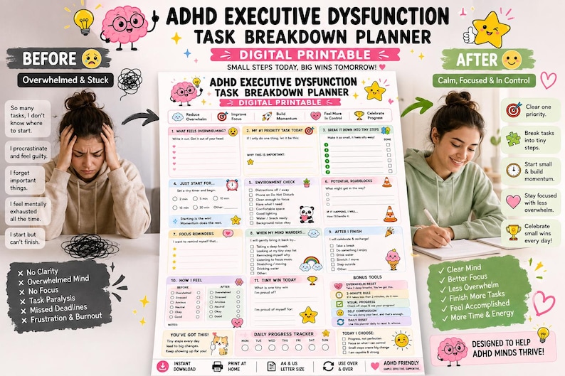 Pu&ograve; includere: Un pianificatore di attivit&agrave; digitale stampabile per la disfunzione esecutiva ADHD, con un layout colorato e sezioni per priorit&agrave;, controllo dell'ambiente, ostacoli e monitoraggio dei progressi, decorato con piccole icone a cartone animato.