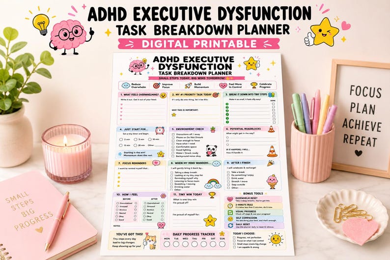 Pu&ograve; includere: Un foglio di pianificazione digitale stampabile per l'ADHD con sezioni colorate, icone e suggerimenti testuali per organizzare gli obiettivi quotidiani, i promemoria di concentrazione e il monitoraggio dei progressi nella gestione dei compiti.