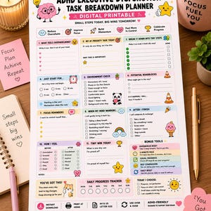 Pu&ograve; includere: Un foglio stampabile digitale per la pianificazione delle funzioni esecutive ADHD con sezioni colorate, icone e suggerimenti testuali per la gestione delle attivit&agrave;, incluso un tracker dei progressi giornalieri, strumenti bonus e sezioni per le priorit&agrave;.