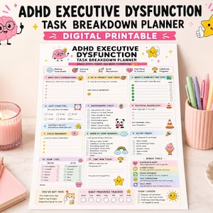 Pu&ograve; includere: Un foglio di pianificazione digitale stampabile per l'ADHD con sezioni colorate, icone e suggerimenti testuali per organizzare gli obiettivi quotidiani, i promemoria di concentrazione e il monitoraggio dei progressi nella gestione dei compiti.