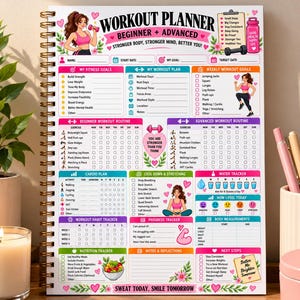 May include: A spiral-bound workout planner with a white background, featuring colorful sections for fitness goals, weekly routines, cardio, water tracking, and nutrition. It includes illustrations of people exercising, pink hearts, and motivational text.
