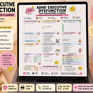 Pu&ograve; includere: Un pianificatore digitale per la scomposizione dei compiti ADHD visualizzato sullo schermo di un portatile. Il documento presenta sezioni colorate, icone e suggerimenti testuali per gestire le attivit&agrave;, monitorare i progressi e le emozioni.