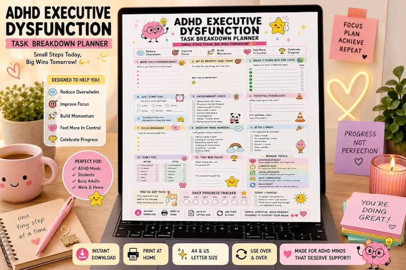 Pu&ograve; includere: Un pianificatore digitale per la scomposizione dei compiti ADHD visualizzato sullo schermo di un portatile. Il documento presenta sezioni colorate, icone e suggerimenti testuali per gestire le attivit&agrave;, monitorare i progressi e le emozioni.