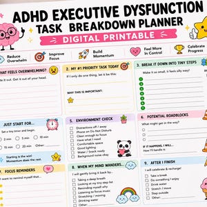 Pu&ograve; includere: Un foglio digitale stampabile per la pianificazione delle attivit&agrave; per la disfunzione esecutiva ADHD, bianco con icone colorate, testo e nove sezioni tra cui priorit&agrave;, piccoli passi e promemoria, con un personaggio cervello rosa.