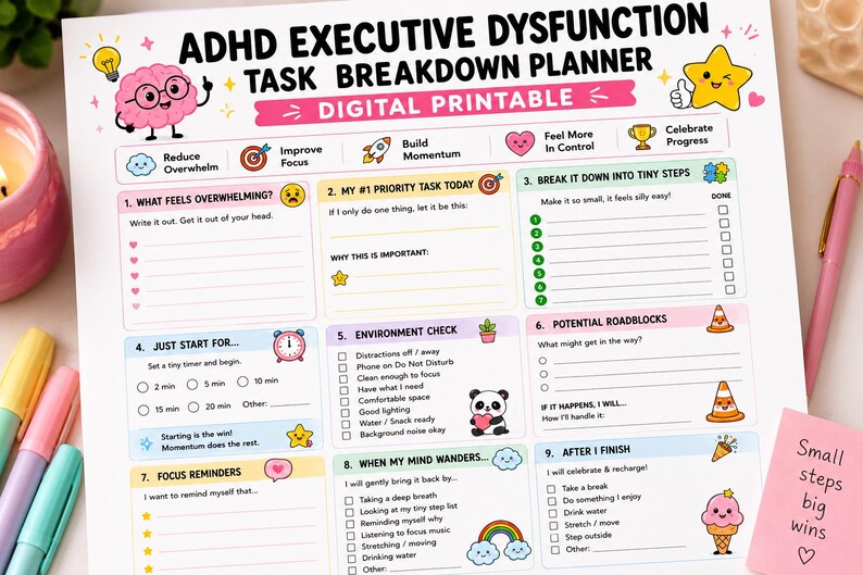 Pu&ograve; includere: Un foglio digitale stampabile per la pianificazione delle attivit&agrave; per la disfunzione esecutiva ADHD, bianco con icone colorate, testo e nove sezioni tra cui priorit&agrave;, piccoli passi e promemoria, con un personaggio cervello rosa.