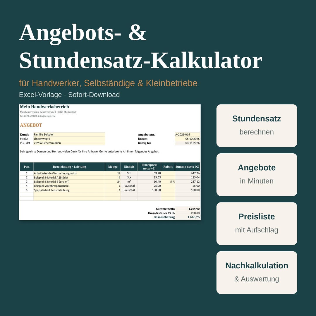 Angebot Kalkulator für Handwerker Excel, Stundensatz Rechner ...