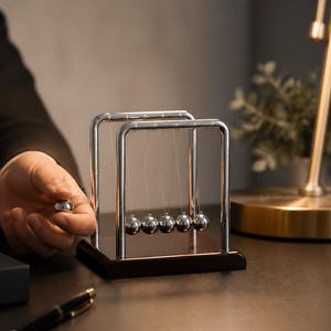 May include: A Newton's cradle executive desk toy featuring five polished silver metal spheres suspended by thin wires from a chrome frame, mounted on a dark wooden base. The device demonstrates kinetic energy through swinging motion.