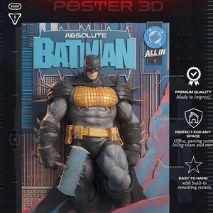 May include: A 3D poster featuring a muscular Batman figure in a grey suit with a gold chest plate, spiked shoulder armor, and a yellow utility belt. The character holds a large, spiked, light blue weapon against a stylized city background.