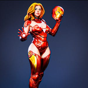 May include: A figurine of a character with long wavy orange hair wearing a metallic red and gold suit of armor. The character holds a matching red and gold helmet in one hand and has a glowing white circular light on the palm of the other hand.