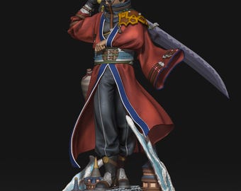 May include: A detailed figurine of a character wearing a red coat with blue trim, dark trousers, and a high collar. The character holds a large sword over their shoulder and stands on a base featuring architectural elements and flowing water effects.