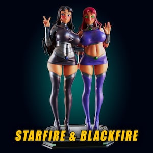 May include: A collectible figurine set featuring two characters, Starfire and Blackfire, standing on a hexagonal base. The text STARFIRE & BLACKFIRE is printed in yellow at the bottom. Both figures have long hair, flushed cheeks, and wear metallic outfits.