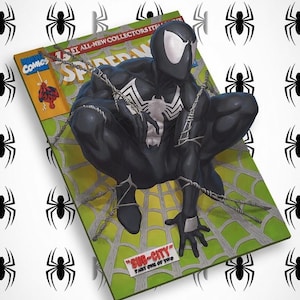May include: A comic book cover featuring a black-suited Spider-Man crouching on a green web background. The cover displays the text Marvel Comics, Spider-Man, Sub-City, and Part One of Two. The character has large white eyes and a white spider emblem.
