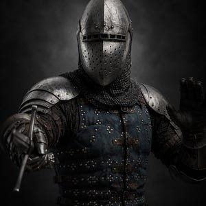 Puede incluir: Una armadura de estilo medieval que incluye un casco tipo bacinete de acero pulido con visera, una cofia de cota de malla y hombreras de metal. El torso está cubierto por un gambesón acolchado azul oscuro con remaches y correas de cuero.