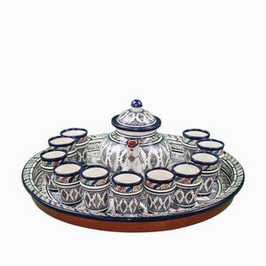 Può includere: Un set da tè in ceramica composto da una teiera rotonda con coperchio e dieci tazzine abbinate disposte su un grande vassoio circolare. I pezzi sono decorati con motivi geometrici in blu, verde, rosso e giallo su uno sfondo bianco.