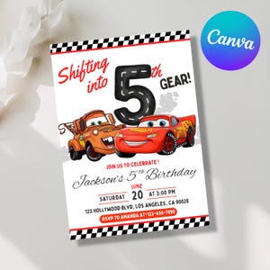 May include: A rectangular birthday invitation card featuring a checkered border, a large black number 5, and cartoon race cars. Text reads: Shifting into 5th GEAR! JOIN US TO CELEBRATE! Jackson's 5th Birthday, JUNE 20 AT 3:00 PM, 123 HOLLYWOOD BLVD, LOS ANGELES, CA 90028, RSVP TO AMANDA AT 123-456-7890.
