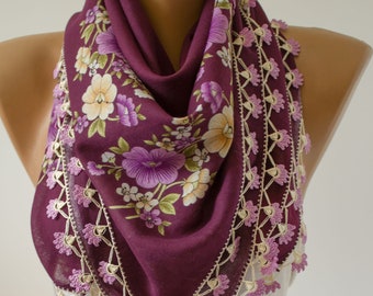 Purple Scarf, Floral Lace Scarf  Shawl,  Lace Scarf, Summer Scarf, Necklace Scarf,  Headband Cotton Scarf  Crochet edge Crochet Scarf