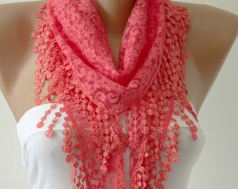 NEW Coral Pink Lace Scarf  lace trim Shawl Scarf Lace Scarf Summer Fall Winter Christmast gift Fashion Women Accessories For Her  DIDUCI