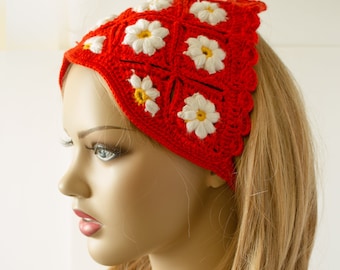 Red Headband, Daisy Bandana, Hair Scarf, Retro Spring Headband Summer  Kerchief  Mother's Day Gift for Her Fashion Women Accessoriess