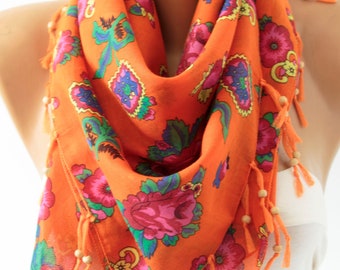 NEW Orange Scarf Floral Shawl Scarf, Summer Scarf, Fall shawl scarf fall scarf, Shawl Scarf winter Scarf  Fashion Women Accessories gift for