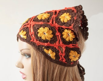 Spring Brown Bandana, Daisy Headband, Hair Scarf,  Spring Headband Summer  Kerchief  Mother's Day Gift for Her Fashion Women Accessoriess