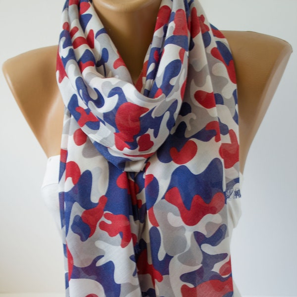 Colorful Scarf, Camouflage Scarf, Navy Blue, Grey Red White Summer Scarf, Fall Scarf Spring Scarf Gift Scarf Shawl Scarf Women Accessories