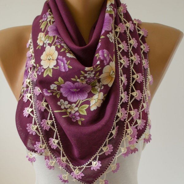 Purple Scarf, Floral Lace Scarf  Shawl,  Lace Scarf, Summer Scarf, Necklace Scarf,  Headband Cotton Scarf  Crochet edge Crochet Scarf