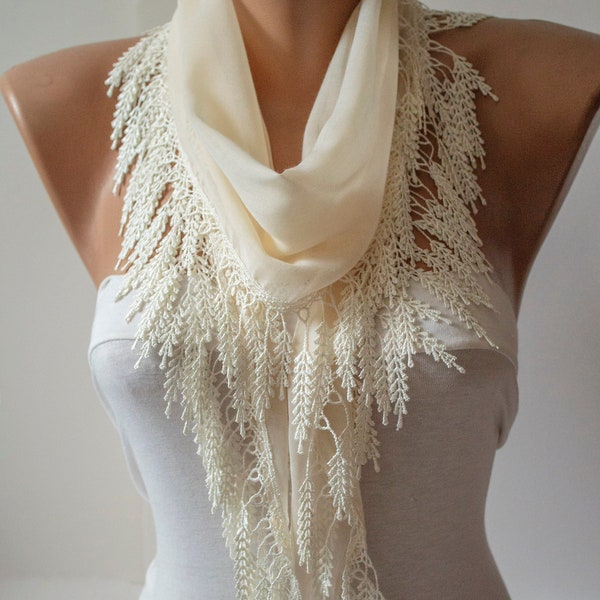 Ivory Scarf - Creamy Lace Scarf, Summer Scarf, Cotton Scarf Spring Scarf Fashion Women Accessories Gift For Her DIDUCI