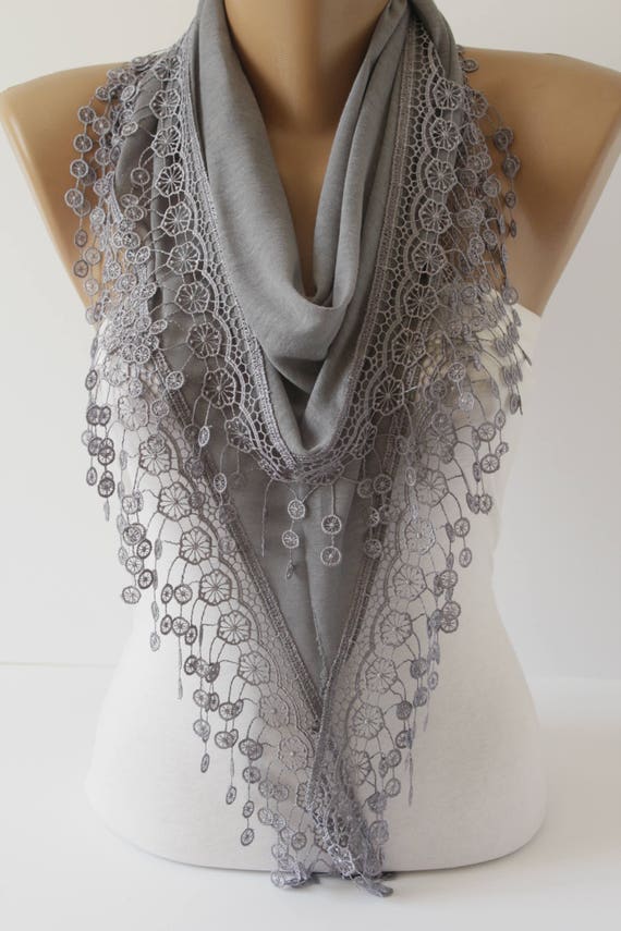 Grey Lace Scarf Cotton Scarf Lace Scarf Triangle scarf | Etsy