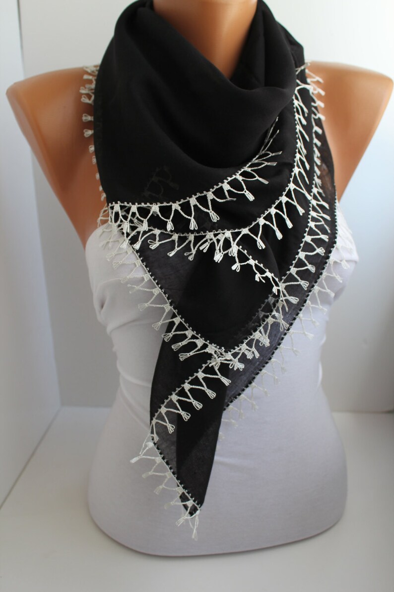 Black Scarf Shawl Headband Cotton Scarf Crochet Edge Crochet Etsy