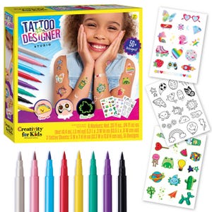 May include: A Creativity for Kids Tattoo Designer Studio kit featuring a box with 8 markers, 3 tattoo sheets, and 51 designs. The box includes text, 8 markers with a net volume of .35 fl oz, and 3 tattoo sheets measuring 5 inches by 7 inches.