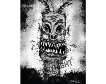 Horned & Toothy Monster Art Print, Whimsical, Leesa Link Illustration Poster