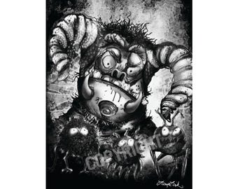 Cranky & Subborn Monster Art Print, Whimsical, Leesa Link Illustration Poster