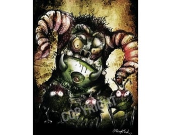 Grumpy Yellow-Eyed Monster Art Print, Whimsical, Leesa Link Illustration Poster