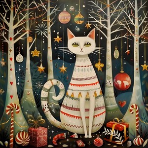 Può includere: Un gatto bianco con il corpo decorato da motivi geometrici siede in una foresta scura addobbata con stelle dorate sospese, ornamenti colorati e scatole regalo rosse. Bastoncini di zucchero sono a terra vicino al gatto e gli alberi hanno luci festive.