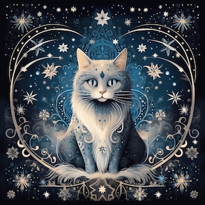 Op de afbeelding: Een digitale illustratie van een kat met witte en blauwe vacht, voorzien van ingewikkelde patronen op het lichaam. De kat is gecentreerd in een hartvormig kader versierd met stermotieven en wervelende filigraan tegen een donkerblauwe achtergrond.