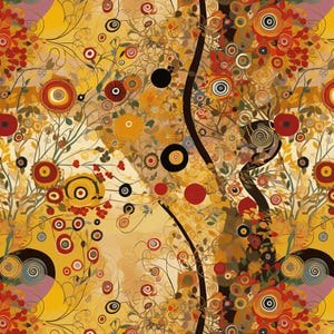 Può includere: Un motivo ripetitivo con disegni floreali e circolari stilizzati in tonalità giallo senape, rosso scuro, nero e crema. Il design presenta sottili linee nere sinuose, cerchi concentrici e forme organiche simili a piante sulla superficie.