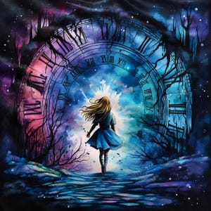 Könnte beinhalten: Eine digitale Illustration einer Person mit langem blonden Haar in einem blauen Kleid, die auf ein großes, leuchtendes Zifferblatt mit römischen Ziffern zugeht. Die Szene ist vor einem dunklen, wirbelnden Hintergrund in Violett- und Blautönen.