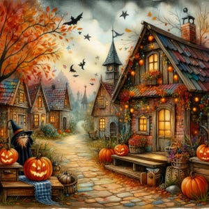 May include: A whimsical autumn village scene featuring a brick house decorated with glowing orange string lights and pumpkins. A witch figure in a tall hat sits near a large jack-o'-lantern on a wooden porch. Bats fly in the sky above.