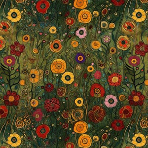 Klimt-inspirerad blommig tygpanel, möbeltextil, kudddekor i jugendstil