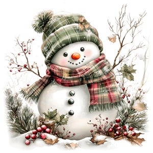 Peut inclure: Une illustration de bonhomme de neige blanc portant un bonnet en tricot à carreaux verts avec un pompon, une écharpe à carreaux rouges et verts, et trois boutons sombres sur le torse. Il a un nez en carotte, des yeux noirs et un sourire pointillé.