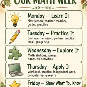 Puede incluir: Un póster de horario semanal titulado OUR MATH WEEK con bordes de hojas de roble y bellotas verdes. Enumera de lunes a viernes con temas diarios: Learn It, Practice It, Explore It, Apply It y Show What You Know, acompañados de iconos.