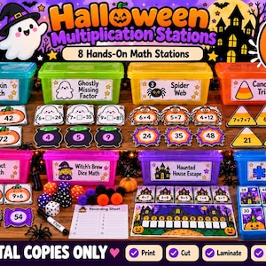 Halloween-Multiplikations-Stationen | 8 druckbare Aufgabenboxen | Mathe-Spiele | 3., 4. und 5. Klasse | Digitaler Download