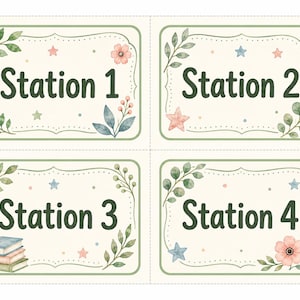May include: Four rectangular cards with rounded corners, each featuring a green border and the text Station 1, Station 2, Station 3, or Station 4. The designs include watercolour illustrations of green leaves, pink flowers, and small stars.