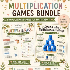 May include: A Multiplication Games Bundle educational set featuring two activities: Multiply & Pass and Stack & Solve. The materials include instructional sheets with math problems, a pyramid of blue plastic cups with numbers, and task cards.